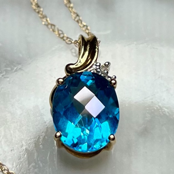 Vintage Solid 10K Gold Blue Topaz diamond pendant plus 10k 18” chain - Picture 3 of 12